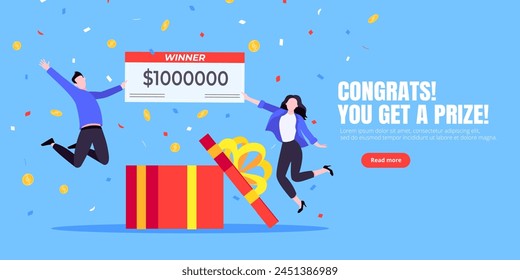 Happy lottery winners with big prize paycheck. Fortune lottery or casino gambling lucky games concept flat style design vector illustration. People jumps in the air with trophy cheque.