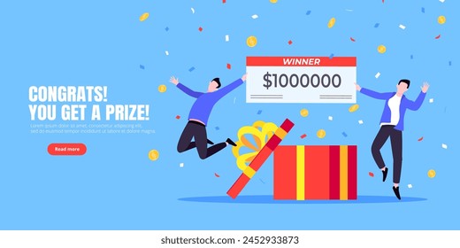 Happy lottery winners with big prize paycheck. Fortune lottery or casino gambling lucky games concept flat style design vector illustration. People jumps in the air with trophy cheque.