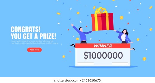 Happy lottery winners with big prize paycheck. Fortune lottery or casino gambling lucky games concept flat style design vector illustration. People jumps in the air with trophy cheque.