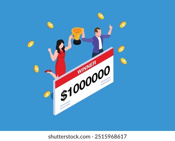 Happy lottery winners with big prize paycheck. Fortune lottery or casino gambling lucky games 3d isometric vector illustration