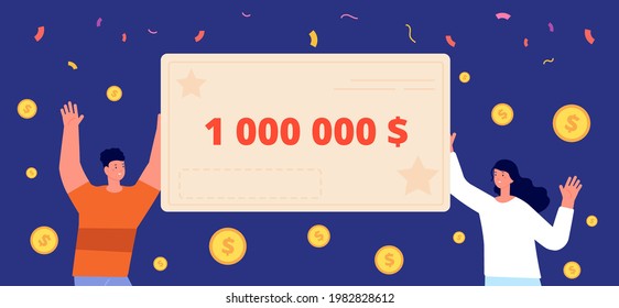 Happy lottery winners. Guy win, adult holding cash prize. Woman man with cheque, lucky people and million dollar gift. Jackpot utter vector concept