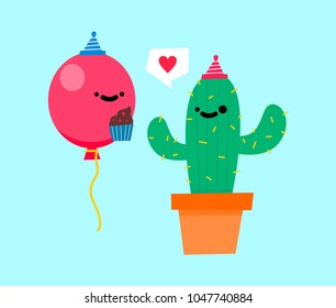 happy and lovable balloon bringing cupcake to cactus birthday. flat character design for Happy birthday concept