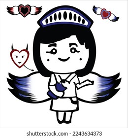 Happy love angel for Valentine's day holidays, devil and angel, cute angel doll with wings, lord of the love, cartoon vector, love vector with wings, devil love shape, doll, vector illustration.