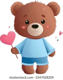 A happy and in love bear with a heart shaped lollipop. Happy Valentine's Day. Vector illustration.