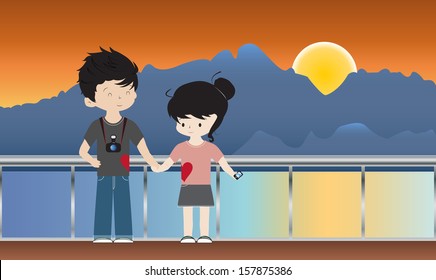 Happy love boy and girl together shirt on sunset background. EPS10 VECTOR. 