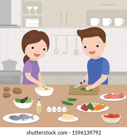 Happy love couple is cooking in the kitchen. Kitchen interior with furniture on background. Healthy food and lifestyle. Cartoon people together. Flat vector illustration