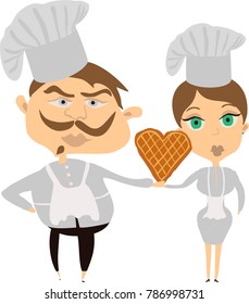 The happy in love couple of cooks hold waffle heart in arm. Happy Valentine's day, wedding, love concept. EPS 10 vector illustration.
