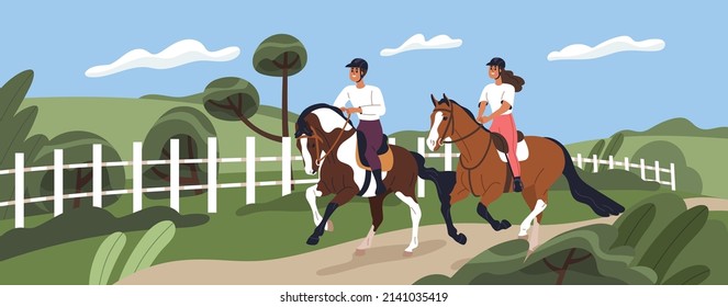 Happy love couple during horse ride in nature. Man and woman sitting on stallions backs, galloping, running. Romantic horseback riders horseriding together. Flat vector illustration of equestrians