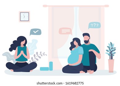 Happy love couple, female instructor sitting in lotus yoga pose. Beauty pregnant woman and handsome man in living room. Health, athletic family in home interior. Yoga lesson with woman teacher. Vector