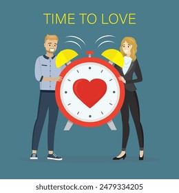 Happy love couple holding alarm clock with red heart. Dating, wedding and valentine day concept. Тime to love, people with watch and heart. Boyfriend and girlfriend characters. vector illustration