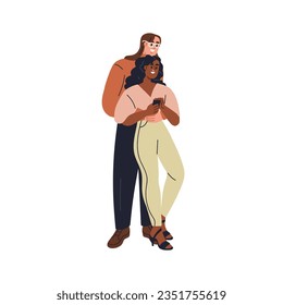 Happy love couple looking at mobile phone together. Young romantic man and woman hugging, watching smartphone. Enamored people valentines. Flat graphic vector illustration isolated on white background