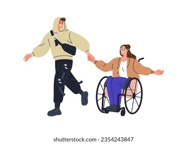 Happy love couple, man and woman in wheelchair. Person with disability in romantic relationships. Young enamored people, girl in wheel chair. Flat vector illustration isolated on white background.