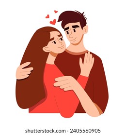 Happy Love Couple. Man and Women Hugging. Love Tenderness and Romantic Feelings Concept. Vector Illustration.