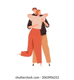 Happy love couple meeting and hugging with joy. Man and woman friends greeting and embracing with emotions. Girlfriend and boyfriend reunion. Flat vector illustration isolated on white background