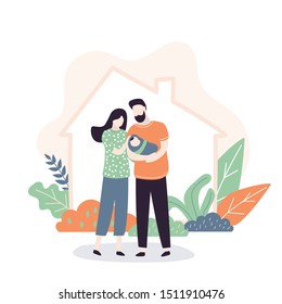 Happy love couple with newborn baby near new home. New purchased or rented housing. Real estate template banner. Mother ,father and child. House silhouette on background. Trendy vector illustration