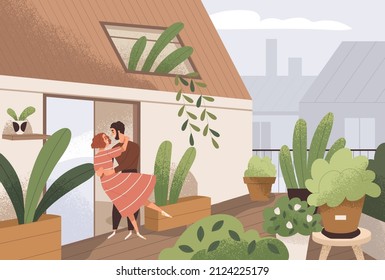 Happy love couple on romantic date on home balcony with plants. Enamored man and woman hugging, dancing, relaxing on roof terrace of house. Flat vector illustration of valentines, husband and wife