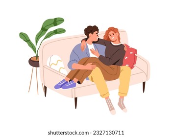 Happy love couple relaxing together, sitting on sofa at home. Young romantic man and woman hugging, laughing, resting on couch at leisure. Flat vector illustration isolated on white background