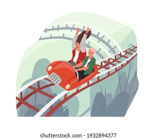 Happy Love Couple Riding Roller Coaster Car. Entertainment Of Careless Free People In Amusement Park. Fast Speed Concept. Colored Flat Cartoon Vector Illustration Isolated On White Background