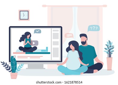 Happy love couple sitting in lotus yoga pose. Beauty pregnant woman and handsome man doing asana. Health care, athletic family in living room.Online yoga lesson,woman blogger on monitor screen. Vector