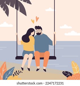 Happy love couple sitting on swing. People in love, family portrait. Dating, characters have fun outdoors in park. Relationship, valentine day, greeting card. Trendy style vector illustration