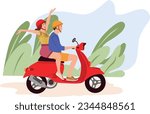 Happy love couple traveling on modern red motor scooter together in nature. Flat vector illustration of people on bike isolated on white background