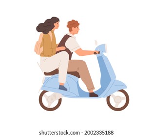 Happy Love Couple Traveling On Modern Motor Scooter Together. Side View Of Man Driving Moped And Woman Holding Her Boyfriend. Flat Vector Illustration Of People On Bike Isolated On White Background