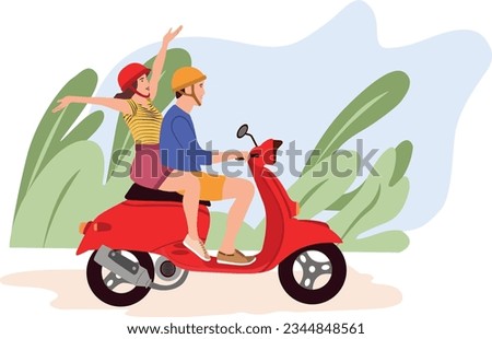 Happy love couple traveling on modern red motor scooter together in nature. Flat vector illustration of people on bike isolated on white background