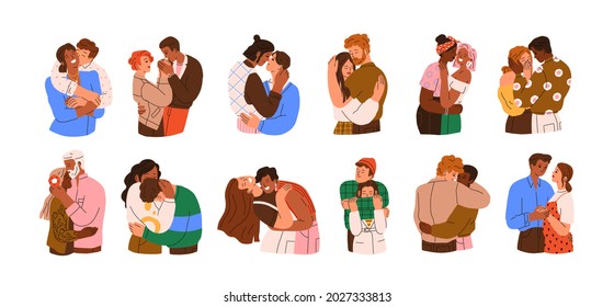 Happy love couples set. Men and women kissing, hugging, and cuddling. Diverse people in romantic relationships. Colored flat vector illustration of lovers and sweethearts isolated on white background