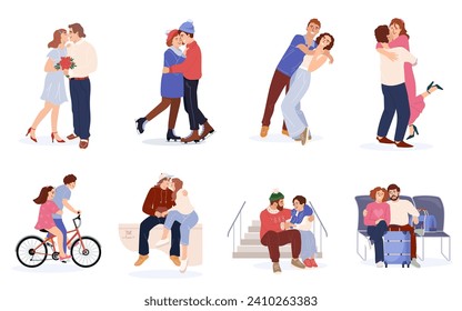 Happy love couples set. Happy men and women kissing, hugging and embracing. Diverse people in romantic relationships. Lovers characters dating concept. Cartoon sweethearts vector Illustration