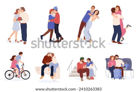Happy love couples set. Happy men and women kissing, hugging and embracing. Diverse people in romantic relationships. Lovers characters dating concept. Cartoon sweethearts vector Illustration