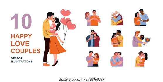 Happy Love Couples Set, Romantic People Hugging and Kissing, Valentine Relationship Vector Collection