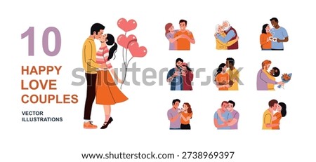 Happy Love Couples Set, Romantic People Hugging and Kissing, Valentine Relationship Vector Collection
