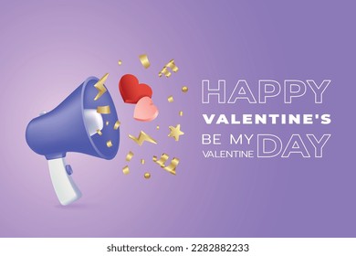 Feliz día del amor. megáfono 3D. Orador de noticias. Tarjeta de San Valentín. Señal de sonido de voz alta. Banner de vacaciones de decoración romántica. Altavoz y confeti festivo. Fondo de la caricatura vectorial