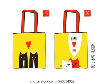 Happy love day. Funny cute cats are looking to each other. Tote canvas bag design. Fashion textile print image in 3 colors. Clipping set of vector elements.