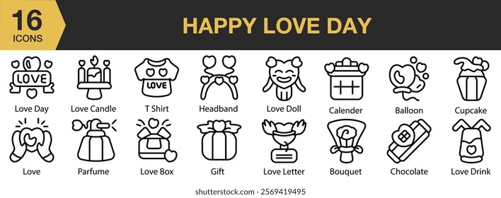 Happy Love Day icon set. Includes love, happy, heart, celebration, valentine, card, and More. Outline icons vector collection.