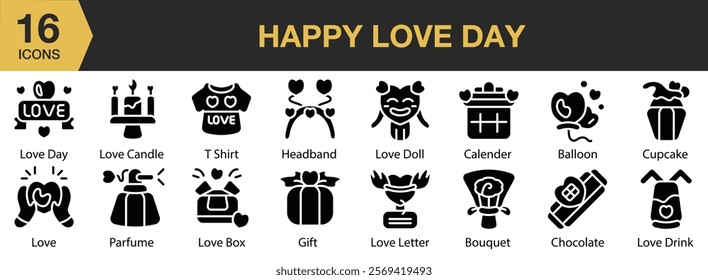 Happy Love Day solid icon set. Includes love, happy, heart, celebration, valentine, card, and More. Solid icons vector collection.