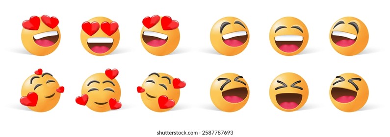 Happy and Love Emoji Faces. Cute Passion and Laughter Icons. Yellow Emoticons with Smiling and Laughing Expressions for Social Media, Messaging, and Digital Design. Vector Illustrations.