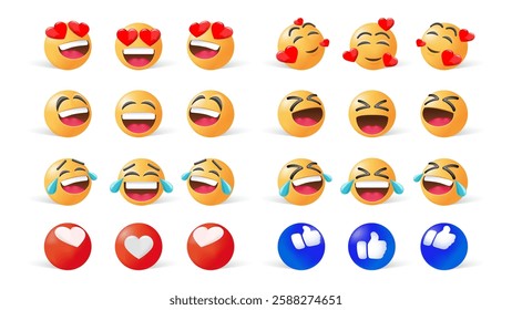 Happy and Love Emoji Faces: Cute Passion and Laughter Icons, Yellow Emoticons with Smiling, Laughing Expressions, and Thumb Up for Social Media, Messaging, and Digital Design - Vector Illustrations