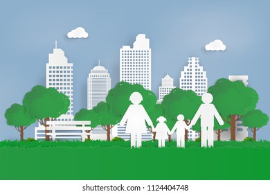 Happy Love Family. Happy Parent's Day with Father, mather and children at urban city park. Paper art style.