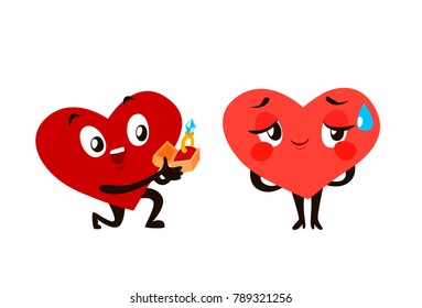 Happy In Love Heart Character Gives Ring And Make an Offer In Valentine's Day. Cartoon Style Vector Illustration
