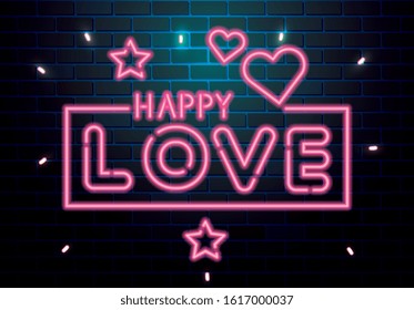 happy love lettering of neon light vector illustration design