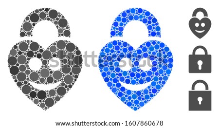 Happy love lock composition of filled circles in different sizes and shades, based on happy love lock icon. Vector filled circles are grouped into blue composition.