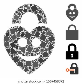 Happy love lock icon composition of rough parts in different sizes and color tints, based on happy love lock icon. Vector ragged items are organized into composition.