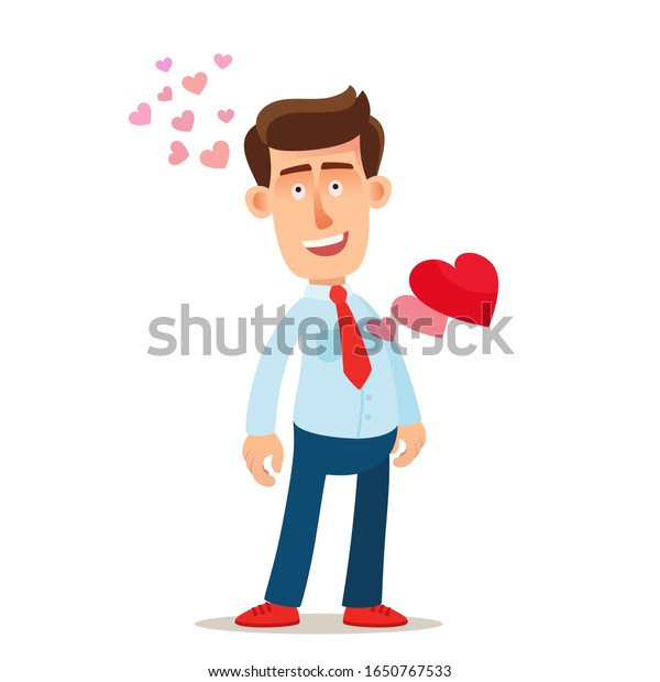 幸せで恋人の心は胸から飛び出す にこにこして うれしくてハンサムな男 ベクターイラスト フラットデザインエレメント カートーンキャラクター 白い背景に のベクター画像素材 ロイヤリティフリー