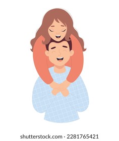 Happy in love married couple. Cute joyful fair-skinned girl hugs man. Vector illustration in flat style of loving young couple for valentines day, wedding and birthday design