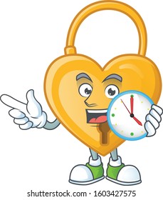 Happy love padlock cartoon mascot style with clock