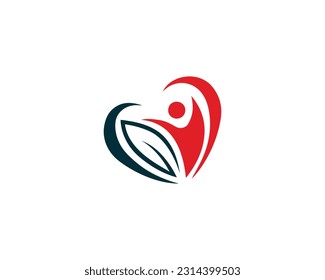 Happy love person logo. Leaf happiness with red heart logo design concept vector template.