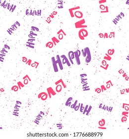 Fröhliche Liebe. Retro-Muster für Druckdesign. Cartoon, Vektorgrafik. Romantisches nahtloses Design. Handgezeichnete Kalligraphie-Schrift, Vektorgrafik.