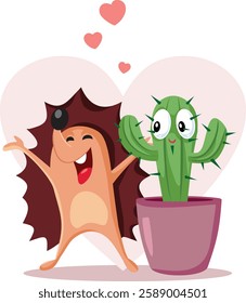 
Happy Love Story Between Hedgehog and Cactus Vector Cartoon. usual couple bonding with each other in an affectionate 