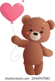 A happy and in love teddy bear with a heart shaped balloon. Happy Valentine's Day. Vector illustration.